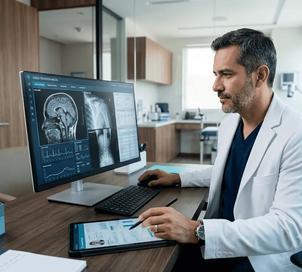 Especialista revisando estudios médicos y documentación clínica